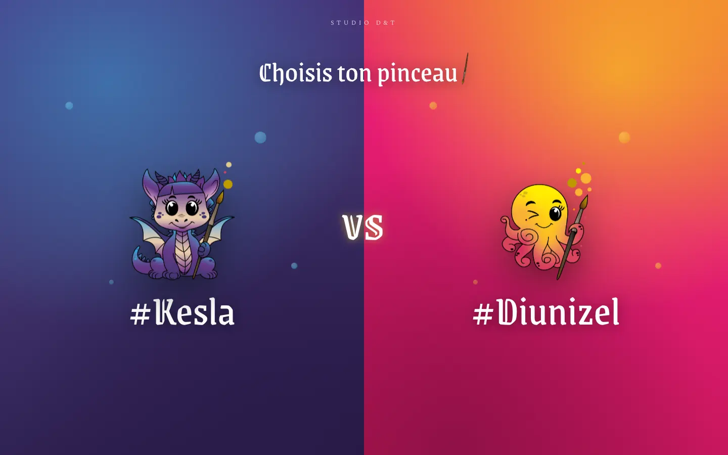 Écran d'entrée de studiodnt.com, où l'on choisit son pinceau entre Kesla et Diunizel